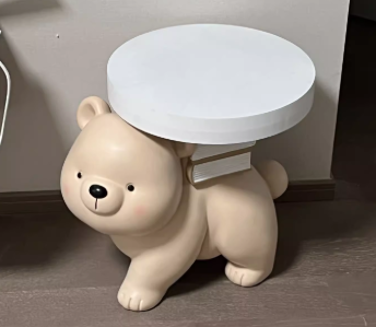 Contemporary Creative Composite Panel Round Top Bear Resin Base Side Table For Living Room