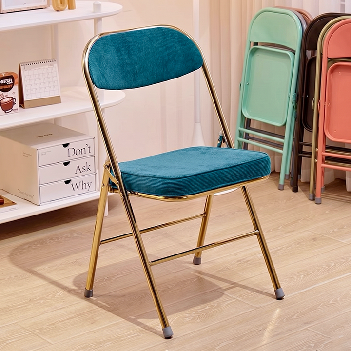 Contemporary Nordic Square Corduroy Upholstered Iron Foldable Vanity Stool Backrest Footrest For Bedroom