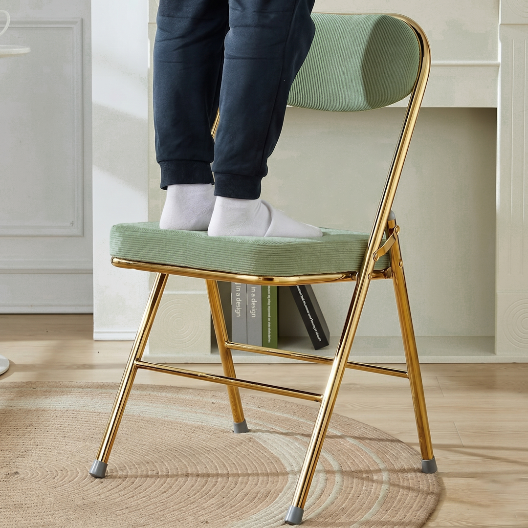 Contemporary Nordic Square Corduroy Upholstered Iron Foldable Vanity Stool Backrest Footrest For Bedroom