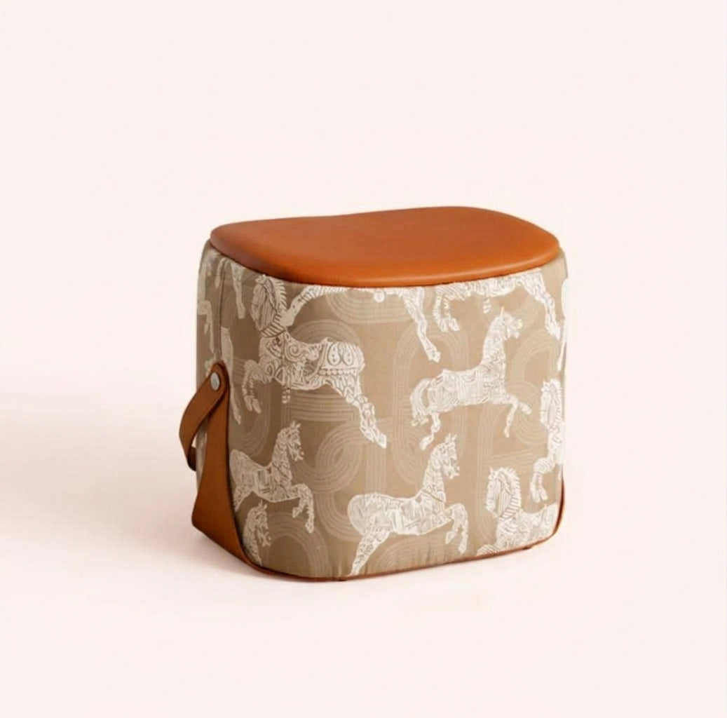 Contemporary Luxury Square Saddle-Style Faux Leather Pine &amp; Plywood Pouf Footstool For Entryway