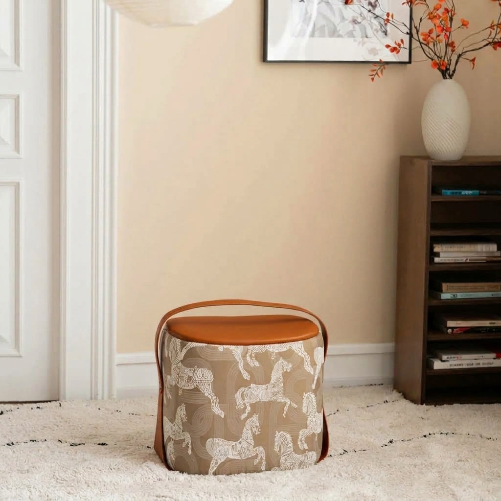Contemporary Luxury Square Saddle-Style Faux Leather Pine &amp; Plywood Pouf Footstool For Entryway
