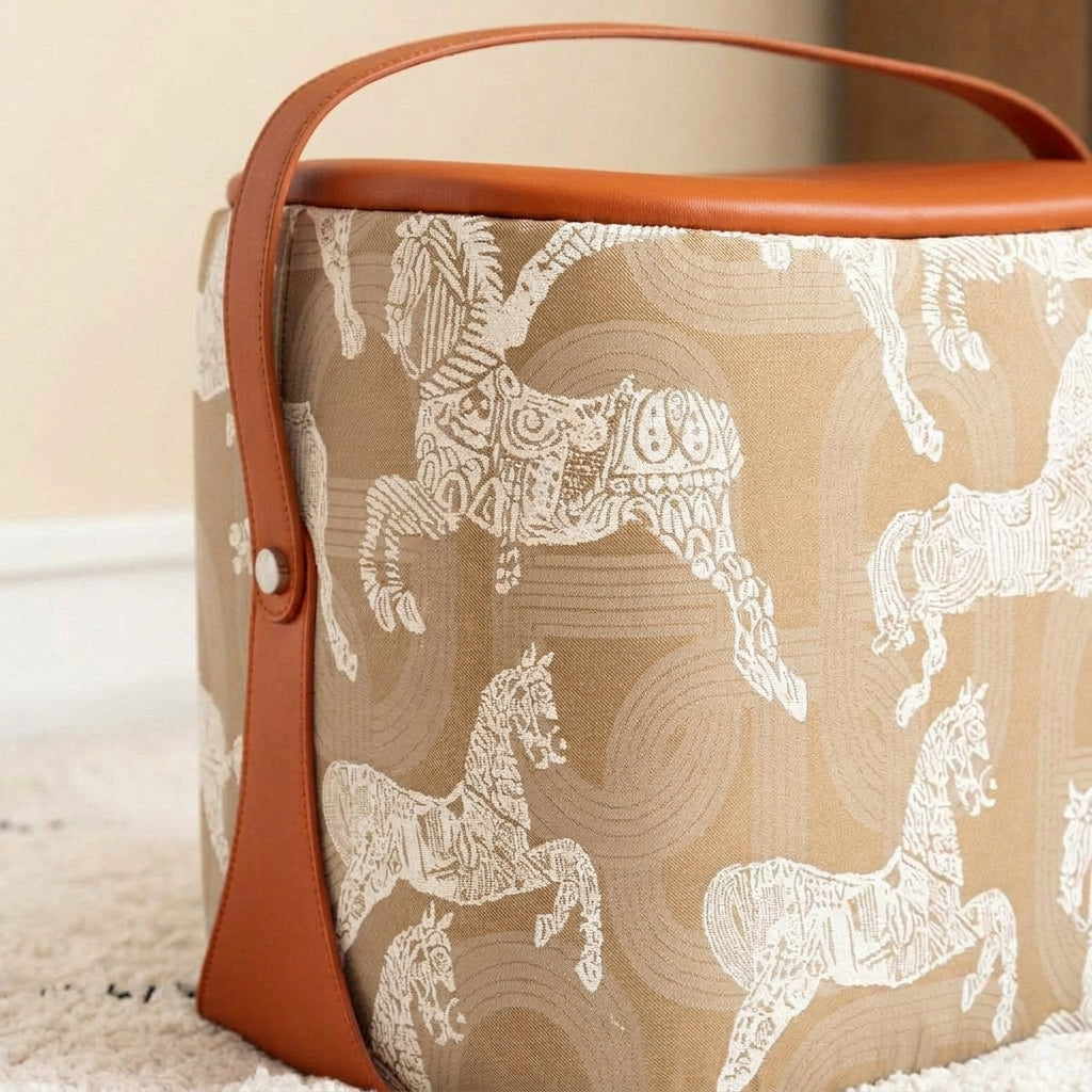 Contemporary Luxury Square Saddle-Style Faux Leather Pine &amp; Plywood Pouf Footstool For Entryway