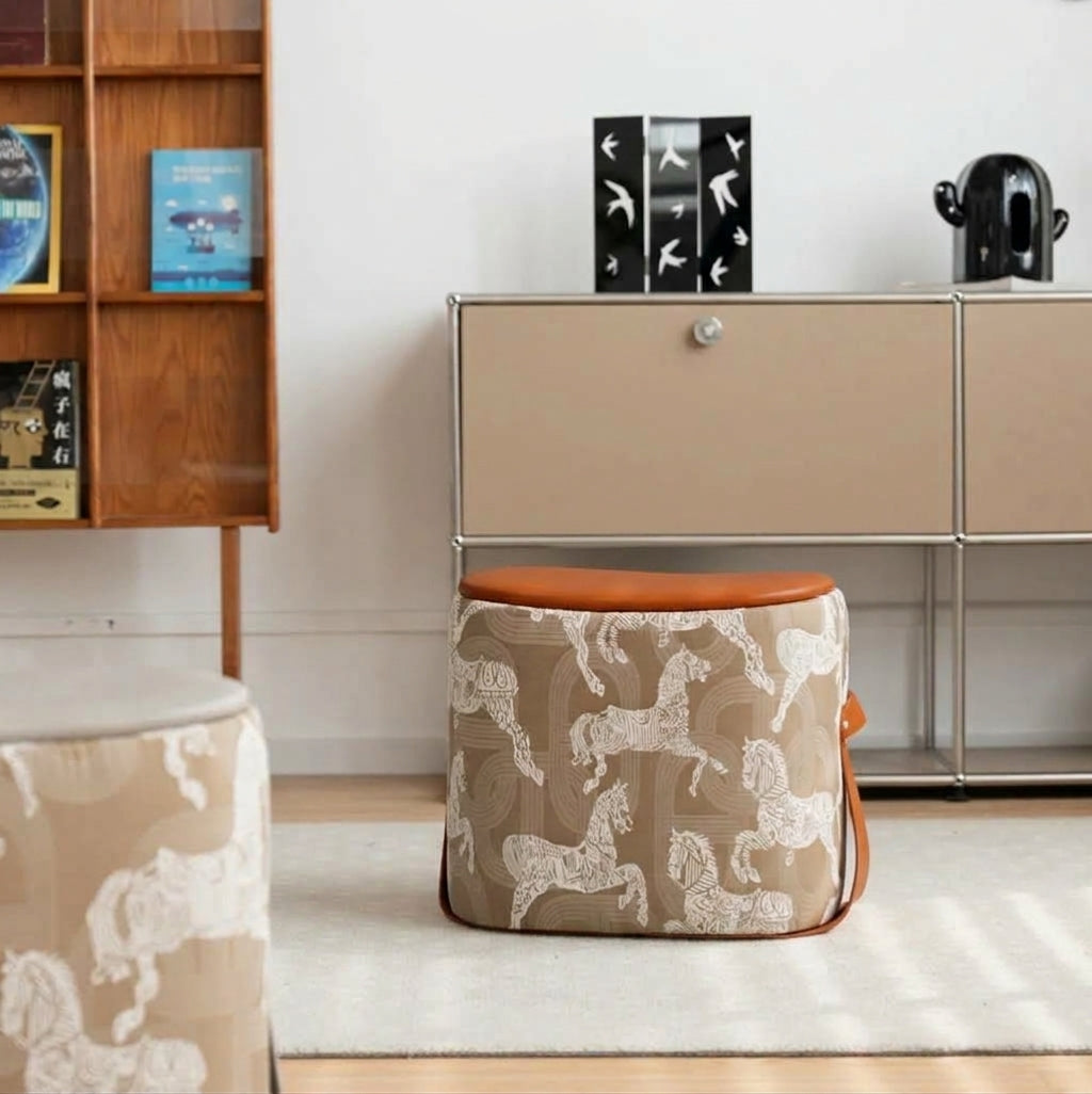 Contemporary Luxury Square Saddle-Style Faux Leather Pine &amp; Plywood Pouf Footstool For Entryway
