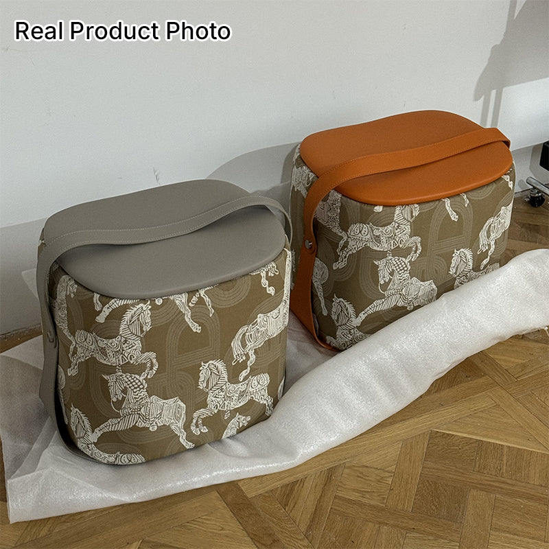 Contemporary Luxury Square Saddle-Style Faux Leather Pine &amp; Plywood Pouf Footstool For Entryway