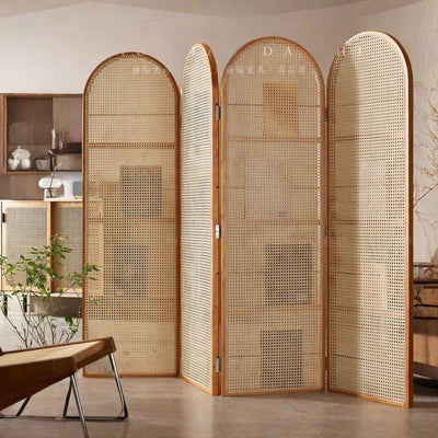 Contemporary Retro Rattan Ash Wood Finish Movable Corner Shelf Unit Foldable 2/3/4-Panel Room Divider Storage Shelves For Living Room