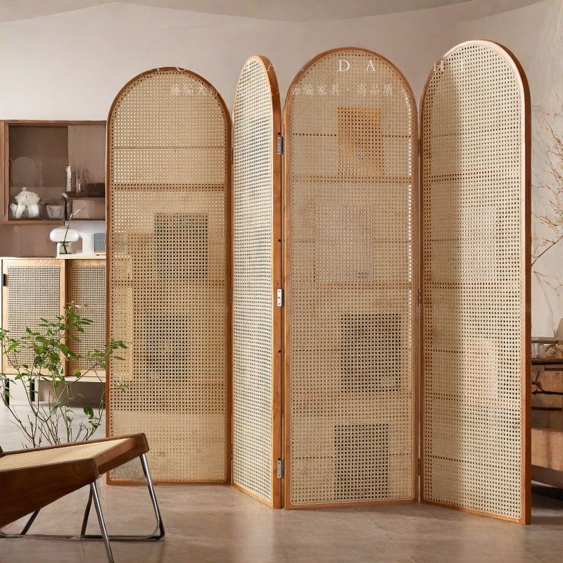 Contemporary Retro Rattan Ash Wood Finish Movable Corner Shelf Unit Foldable 2/3/4-Panel Room Divider Storage Shelves For Living Room