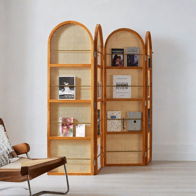 Contemporary Retro Rattan Ash Wood Finish Movable Corner Shelf Unit Foldable 2/3/4-Panel Room Divider Storage Shelves For Living Room