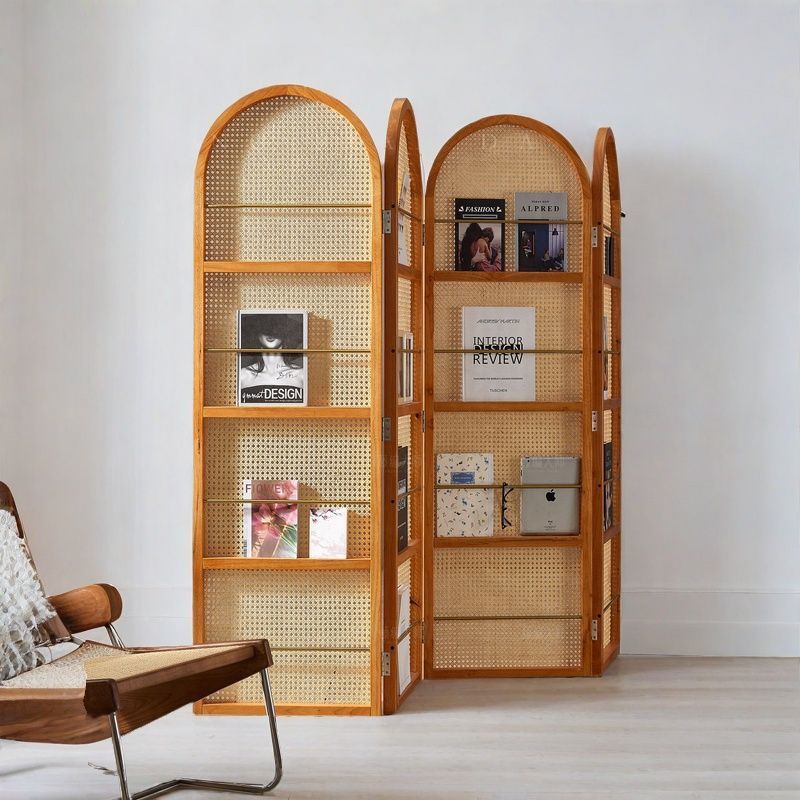 Contemporary Retro Rattan Ash Wood Finish Movable Corner Shelf Unit Foldable 2/3/4-Panel Room Divider Storage Shelves For Living Room