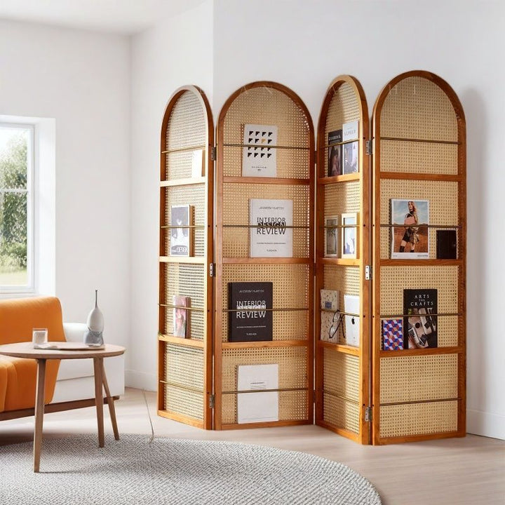Contemporary Retro PVC Rattan Pine Wood Finish Movable Corner Shelf Unit Foldable 2/3/4-Panel Room Divider Storage Shelves For Living Room