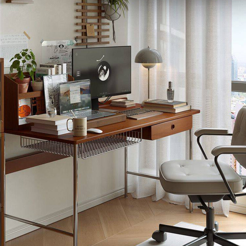 Bureau rectangulaire minimaliste moderne en bois massif et acier inoxydable, à 4 pieds et 1 tiroir, pour bureau à domicile 