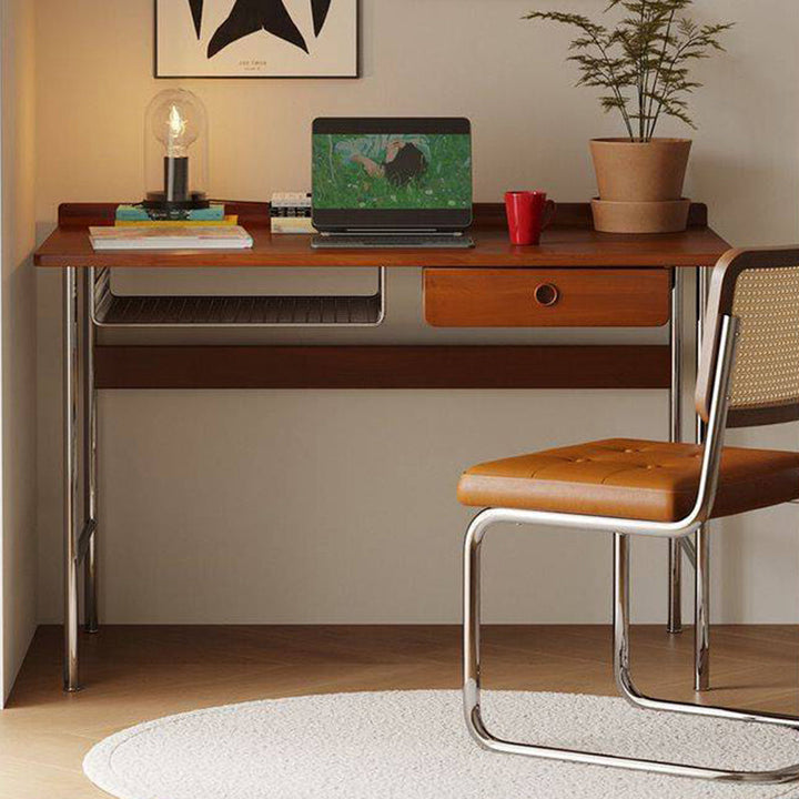 Bureau rectangulaire minimaliste moderne en bois massif et acier inoxydable, à 4 pieds et 1 tiroir, pour bureau à domicile 