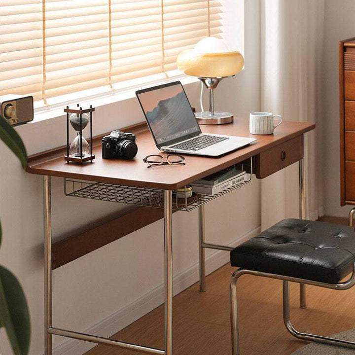Bureau rectangulaire minimaliste moderne en bois massif et acier inoxydable, à 4 pieds et 1 tiroir, pour bureau à domicile 