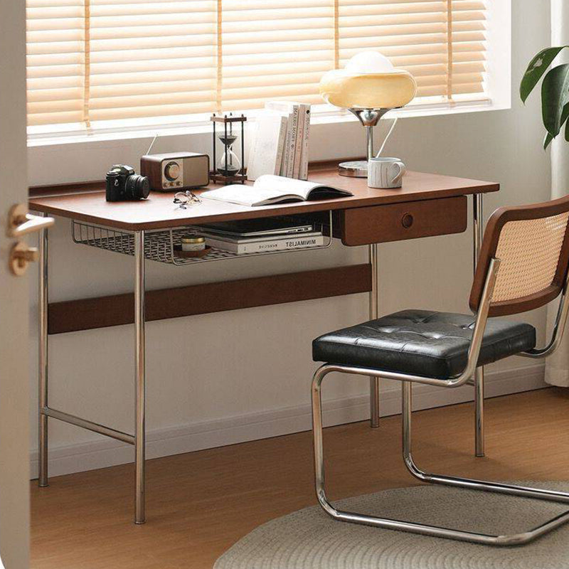 Bureau rectangulaire minimaliste moderne en bois massif et acier inoxydable, à 4 pieds et 1 tiroir, pour bureau à domicile 