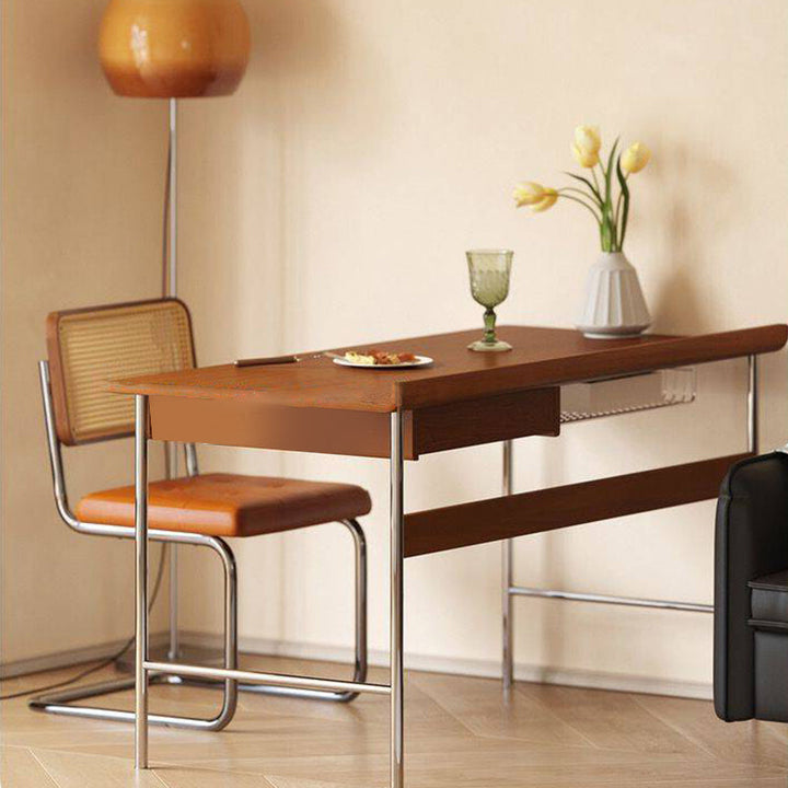 Bureau rectangulaire minimaliste moderne en bois massif et acier inoxydable, à 4 pieds et 1 tiroir, pour bureau à domicile 
