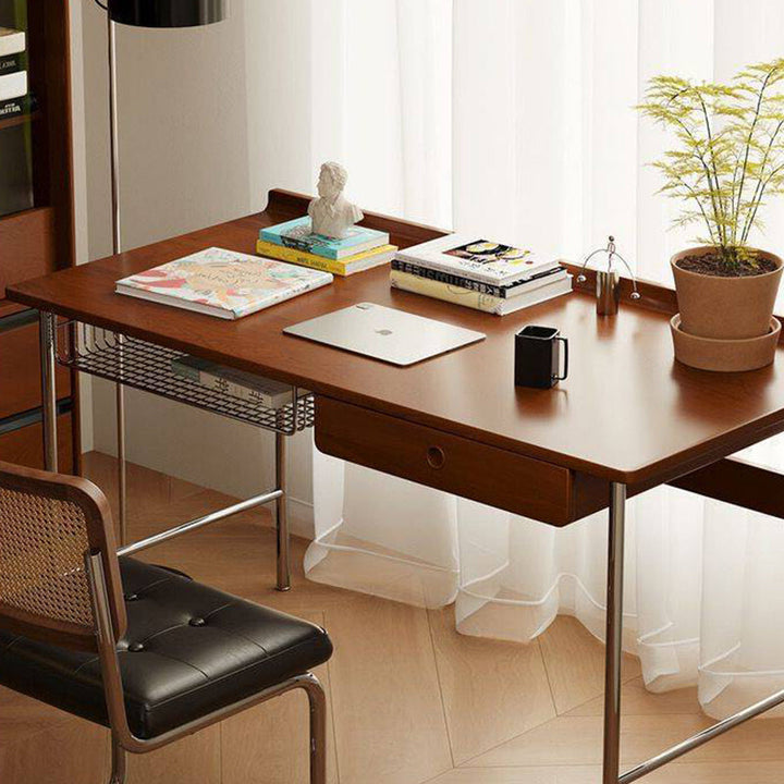 Bureau rectangulaire minimaliste moderne en bois massif et acier inoxydable, à 4 pieds et 1 tiroir, pour bureau à domicile 
