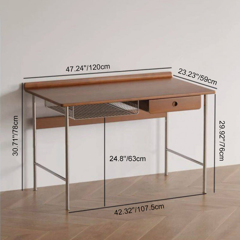 Bureau rectangulaire minimaliste moderne en bois massif et acier inoxydable, à 4 pieds et 1 tiroir, pour bureau à domicile 