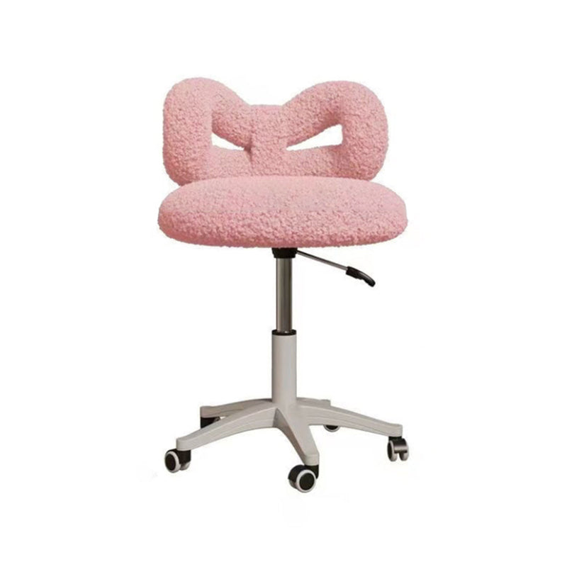 Moderner Art-Deco-Schmetterlingsknoten runder Sherpa-Stoff-Kunstleder-Metall-Schminktischhocker mit Rückenlehne, ohne Armlehnen, für das Schlafzimmer 