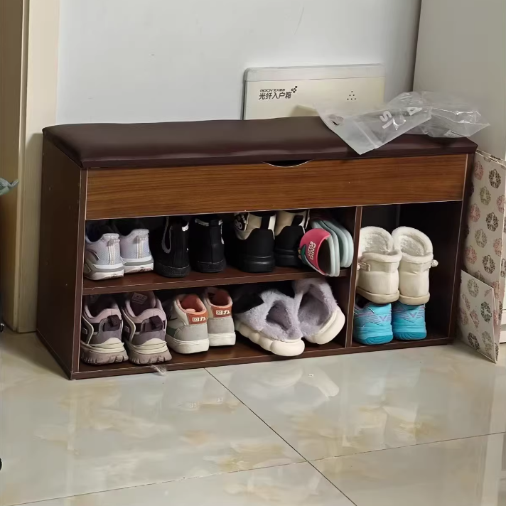 Modern Minimalist Rectangle Fabric PU Leather MDF Shoe Storage 3-Tier For Entryways