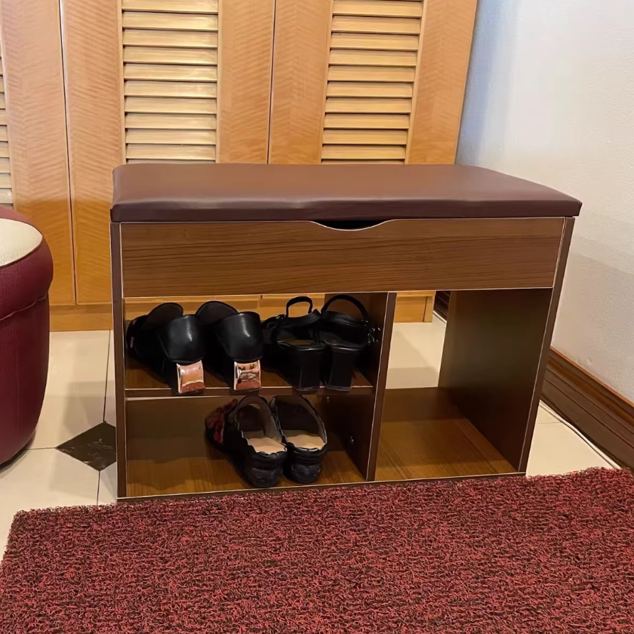 Modern Minimalist Rectangle Fabric PU Leather MDF Shoe Storage 3-Tier For Entryways