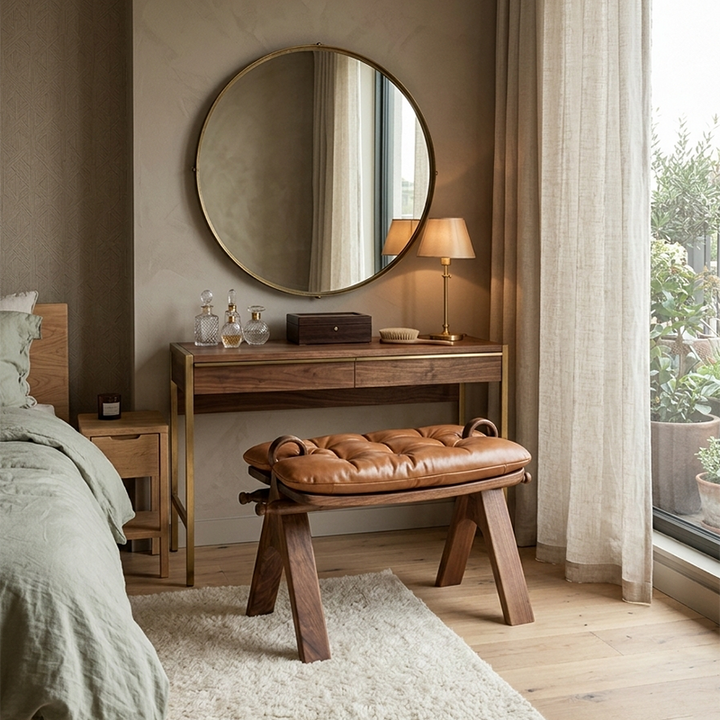 Contemporary Retro Top Grain Leather Curved Rectangular Low Stool With Solid Wood Base For Bedroom &amp; Living Room