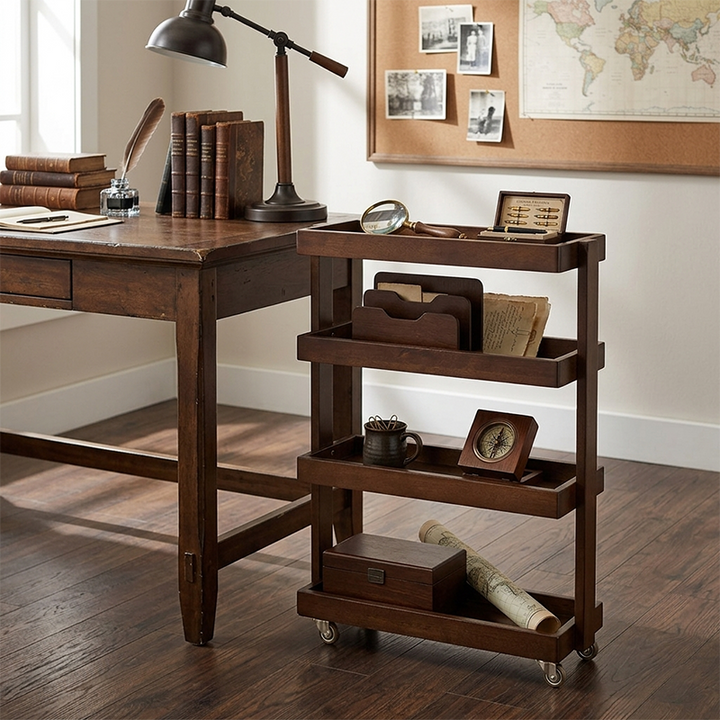 Contemporary Retro Rubberwood Metal Rectangular Narrow Storage Shelf With Wheels 4-Tier For Living Room