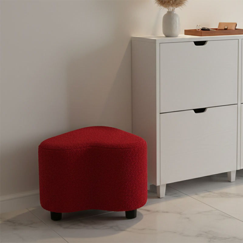 Taburete bajo contemporáneo y creativo con forma de corazón en tela sherpa, otomana decorativa con estructura de madera contrachapada para recibidor y sala de estar 