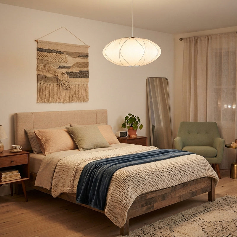 Modern Minimalist Round Fabric Hardware 1-Light Pendant Light For Bedroom