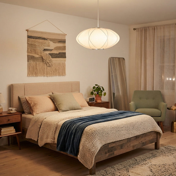 Modern Minimalist Round Fabric Hardware 1-Light Pendant Light For Bedroom