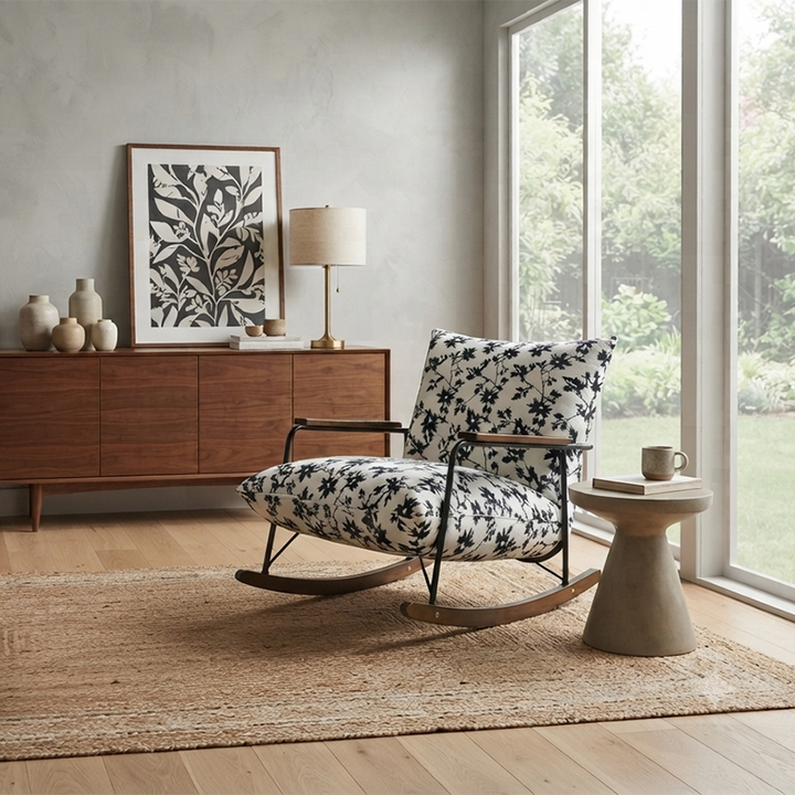 Zeitgenössischer Retro-Sessel aus Eisen, Kautschukholz und Flanellimitat mit Tintenmalerei-Design, Fußstütze, Rückenlehne und Armlehnen fürs Wohnzimmer 