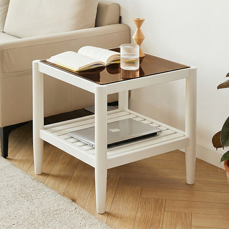 Mesa auxiliar rectangular moderna minimalista de madera maciza y vidrio con almacenamiento de 2 niveles, ahorra espacio, para sala de estar y dormitorio 
