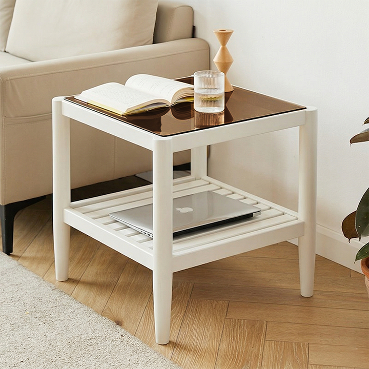 Mesa auxiliar rectangular moderna minimalista de madera maciza y vidrio con almacenamiento de 2 niveles, ahorra espacio, para sala de estar y dormitorio 