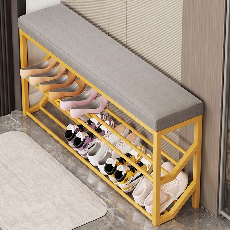 Modern Minimalist Faux Leather Steel Rectangular Shoe Bench 2-Tier Storage For Entryway