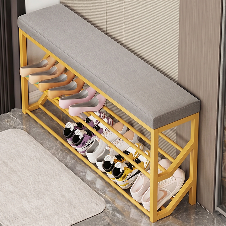 Modern Minimalist Faux Leather Steel Rectangular Shoe Bench 2-Tier Storage For Entryway