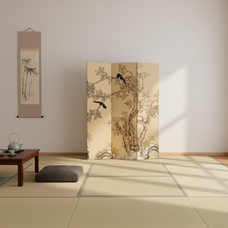 Traditional French Rectangular Fir Wood Solid Wood Plywood Cotton Canvas Floral And Bird Motif Room Divider For Living Room