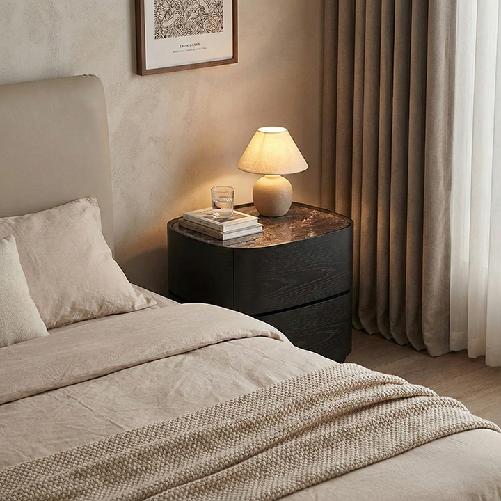 Modern Luxury Oval Stone Slab Plywood Nightstand With Dual Drawers For Bedroom