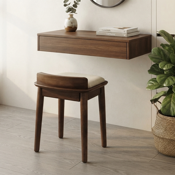Modern Minimalist Solid Wood Fabric Rounded Corner Vanity Stool With Backrest For Bedroom &amp; Living Room