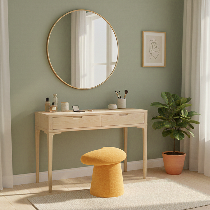 Modern Minimalist Solid Wood Plywood &amp; Sherpa Fabric Whale-Tail Cushion Vanity Stool With Cylindrical Base For Bedroom