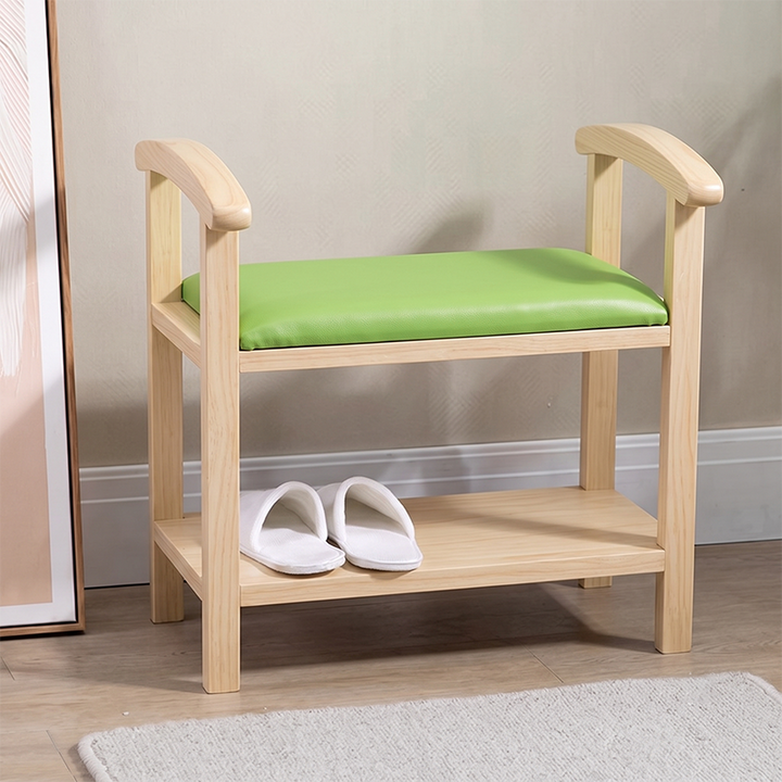 Traditional Japanese Rectangular Rubberwood Solid Wood Plywood PU Leather Shoe Bench Backless Armrest For Entryway &amp; Hallway