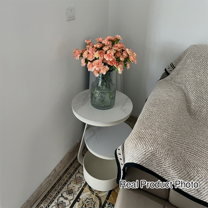 Modern Minimalist Round Sintered Stone Metal Side Table 3-Tier For Living Room