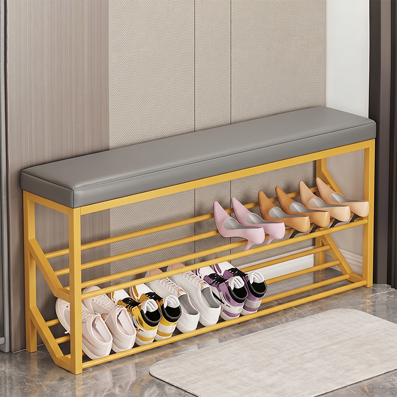 Modern Minimalist Faux Leather Steel Rectangular Shoe Bench 2-Tier Storage For Entryway