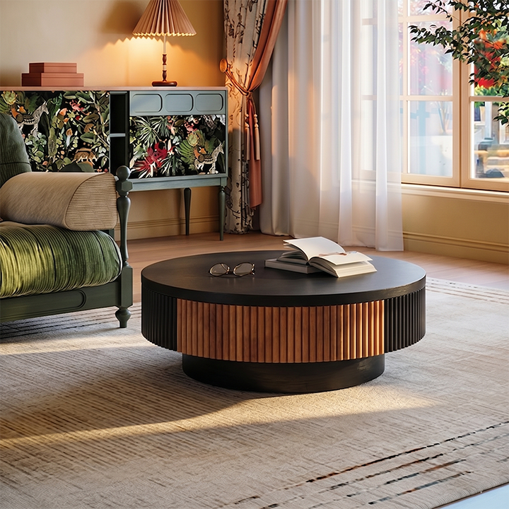 Premium Vintage French Ash Wood &amp; Plywood Coffee Table - Tall Glass Table &amp; Low Storage Tea Table Duo