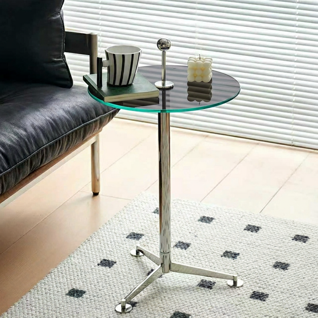 Modern Minimalist Round Tempered Glass Stainless Steel Coffee Table 1-Tier For Living Room