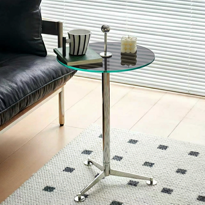 Modern Minimalist Round Tempered Glass Stainless Steel Coffee Table 1-Tier For Living Room