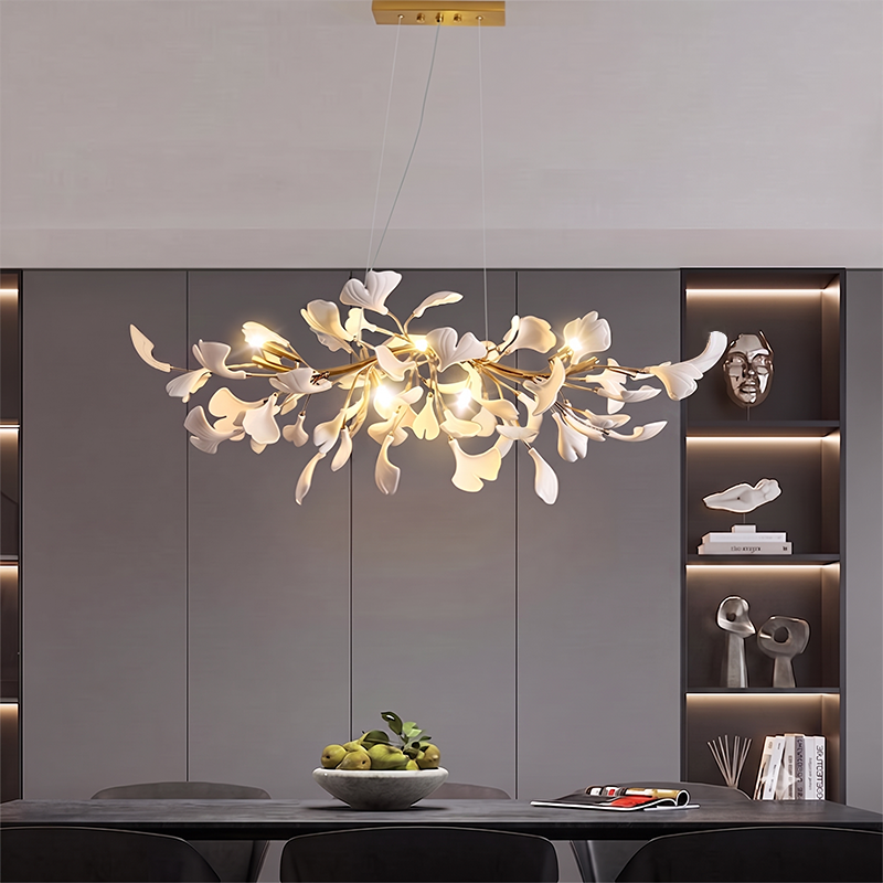 Dôme de feuille de ginkgo français traditionnel, dessus rectangulaire, rond, linéaire, fer, céramique, lustre à 6/8/10/12 lumières pour chambre 