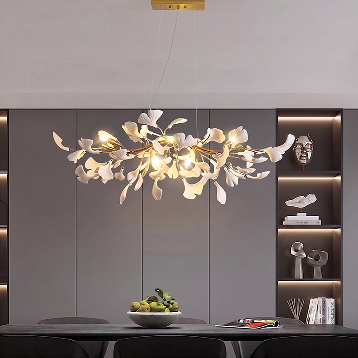 Dôme de feuille de ginkgo français traditionnel, dessus rectangulaire, rond, linéaire, fer, céramique, lustre à 6/8/10/12 lumières pour chambre 