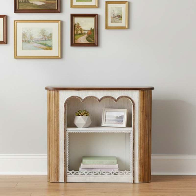 Traditioneller rustikaler Holz-MDF-Rechteckiger Konsolentisch mit klassischen Schnitzereien, 3-stufiges Design für das Wohnzimmer 