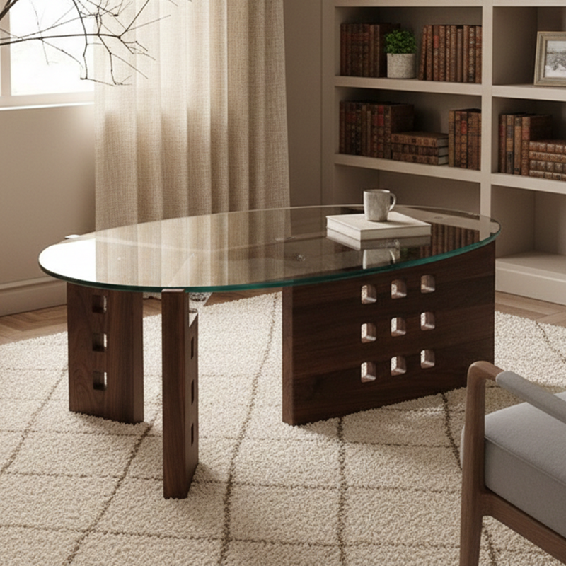 Moderner minimalistischer Couchtisch aus gehärtetem Glas, Edelstahl und massivem Holz mit ovaler Form und perforiertem Sockel, einlagiger Tisch für das Wohnzimmer 