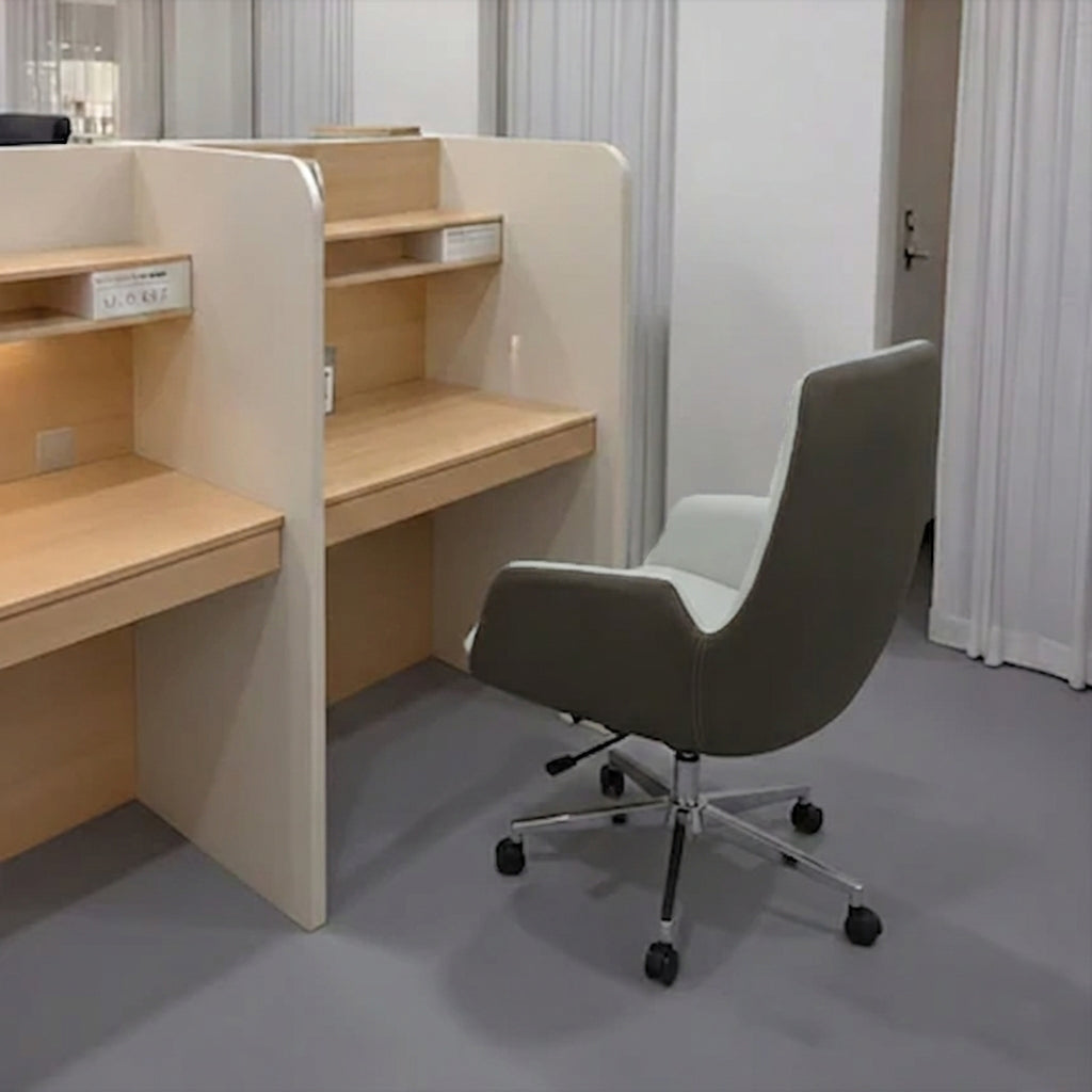 Silla de oficina moderna minimalista ergonómica de cuero, contrachapado y metal, silla de escritorio giratoria ajustable con ruedas - silla de trabajo cómoda de respaldo medio para oficina en casa 