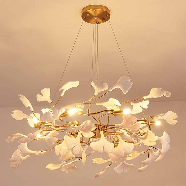Dôme de feuille de ginkgo français traditionnel, dessus rectangulaire, rond, linéaire, fer, céramique, lustre à 6/8/10/12 lumières pour chambre 