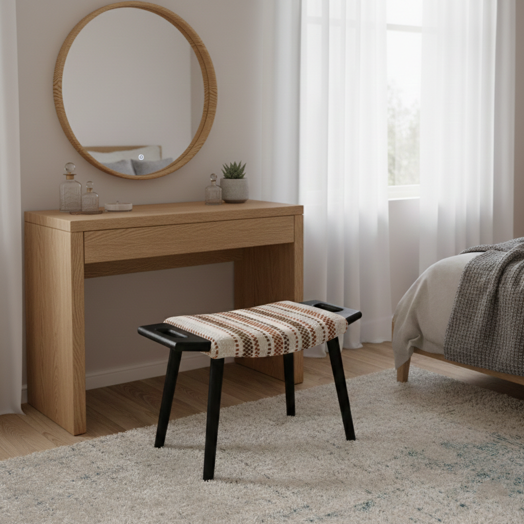 Contemporary Retro Cotton Linen Curved Seat Solid Wood Vanity Stool With Handles For Bedroom